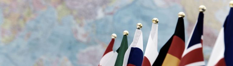 Flaggen der G7 vor einer Weltkarte